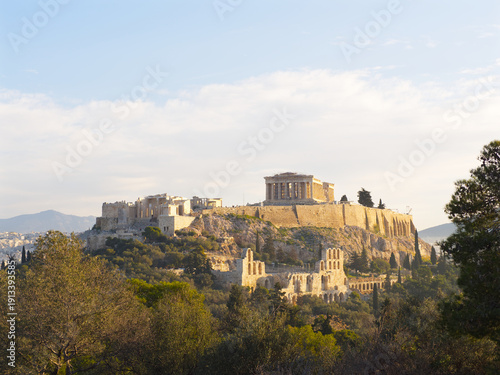The famous Acropolis of Athens with the Parthenon temple on top of the rocky hill in Greece