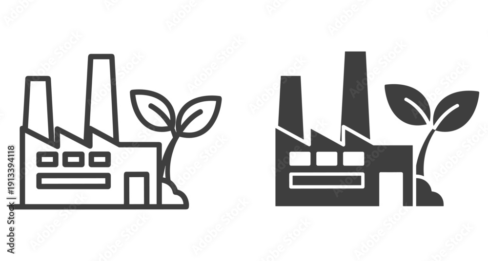 Obraz premium Industrial factory icon with growing plant symbolizing environmental protection and sustainable green energy
