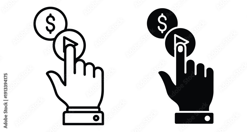 Obraz premium Human hand finger pressing play button next to dollar currency coin for monetization