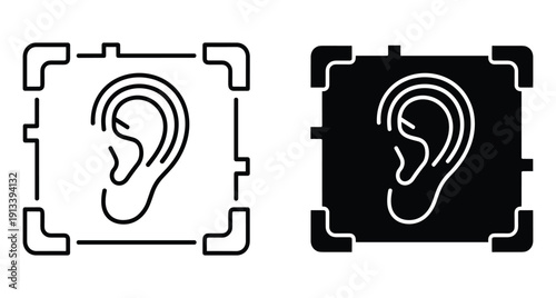 Human ear biometric scanning identification icons in outline and solid styles for security systems