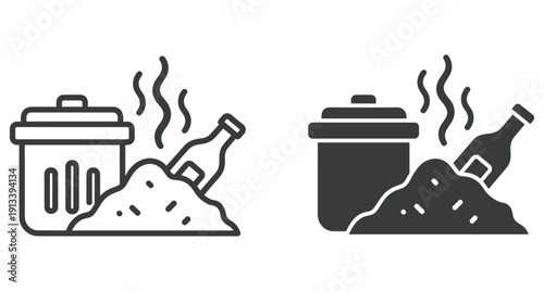 Vector illustration of garbage bin next to a pile of stinking waste material