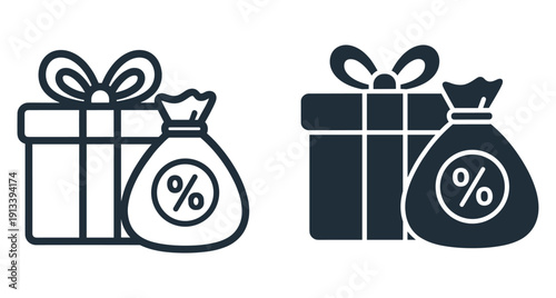 Outline and solid icons featuring a gift box and money bag with percentage