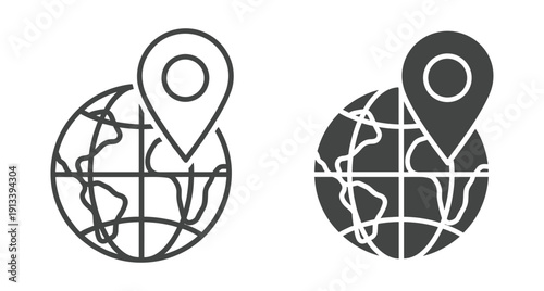 Set of world globe icons with location pin markers in outline and solid
