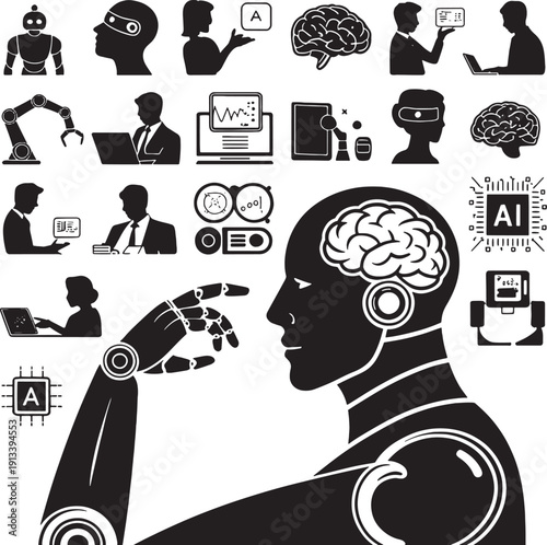 Vector illustration of a black woman's head silhouette featuring a set of social media network icons and retro fashion hair style for a cartoon person profile poster design