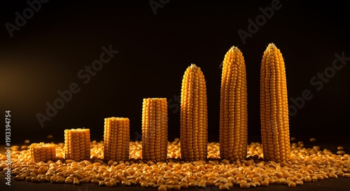Golden corn cobs of varying sizes on a dark background with scattered kernels yellow
