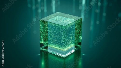 Futuristic glowing emerald glass cube with internal sparkling bubbles