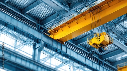 Industrial warehouse interior featuring a yellow overhead crane suspended from the ceiling beams providing efficient material handling solutions for manufacturing