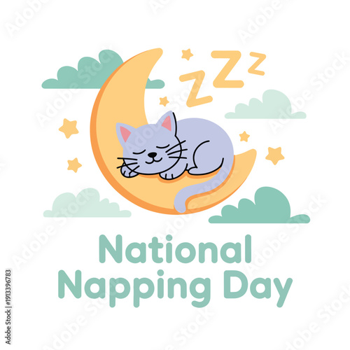 Cute cartoon cat sleeping on a crescent moon with stars and clouds, napping design