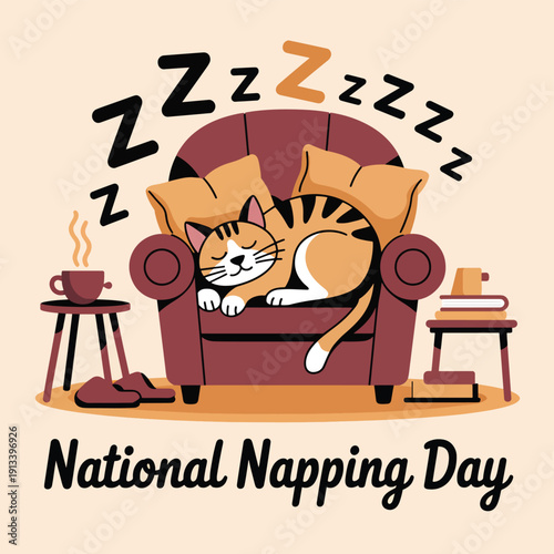Orange tabby cat sleeping on a plush armchair with zzzs and coffee napping