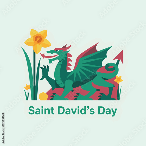 Green dragon with red wings and yellow daffodils, Saint David's Day
