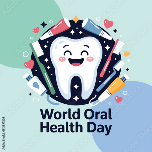 Happy cartoon tooth surrounded by toothbrushes and toothpaste happy tooth smiling tooth dental care