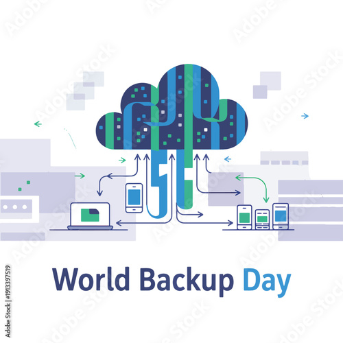Cloud data backup with devices and text World Backup Day cloud computing technology digital