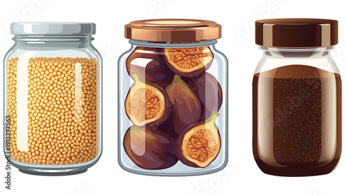 transparent glass jar filled with couscous grains dried figs and instant coffee powder isolated transparent background, editable vector artwork ai illustration file, pantry jar culinary ingredients st