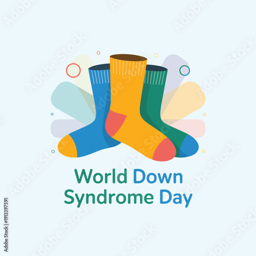 Three colorful socks for World Down Syndrome Day celebration: blue sock, yellow sock, green sock