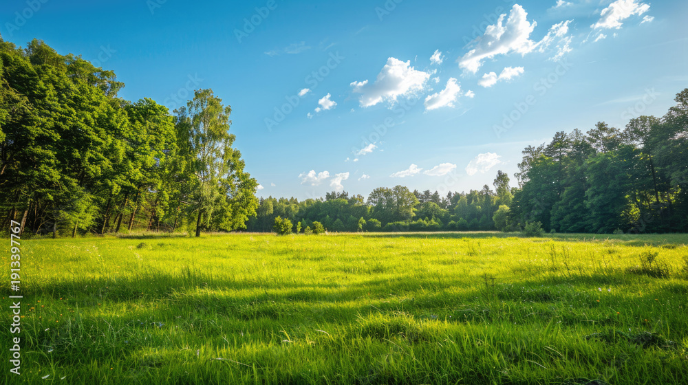 Fototapeta premium Idyllic green grass field landscape at countryside in green spring season with blue sky. 