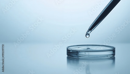 Macro shot of pipette dripping clear liquid into glass petri dish
