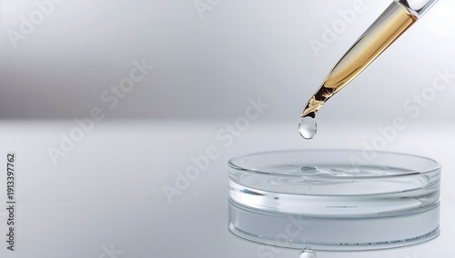 Macro shot of a dropper dripping liquid into a laboratory petri dish
