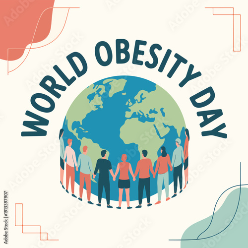 Diverse people holding hands around planet Earth for Obesity Day globe