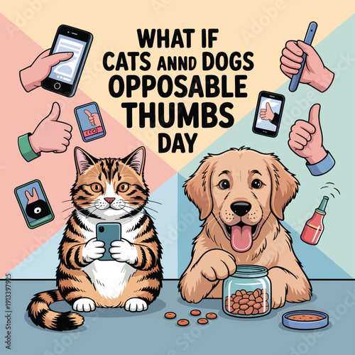 Cat and dog with smartphones and thumbs up, golden retriever, tabby cat day