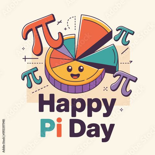 Cartoon pie chart character with pi symbols and happy Pi Day