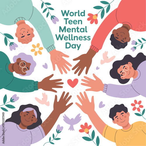 Diverse group of people reaching hands together around a heart symbol diversity unity support