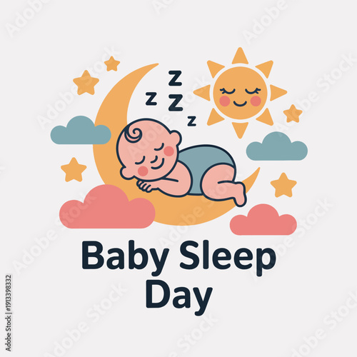 Sleeping baby on a crescent moon with sun, clouds, and stars, baby sleeping during the day