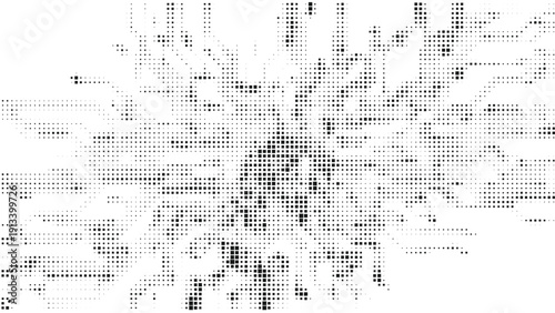 Abstract black square pixel wave pattern, flowing geometric mosaic background, minimal digital texture, modern technology inspired horizontal grid design, monochrome futuristic vector wallpaper