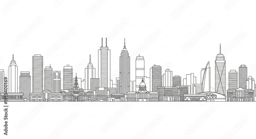 Obraz premium A minimalist line art illustration of a city skyline with skyscrapers