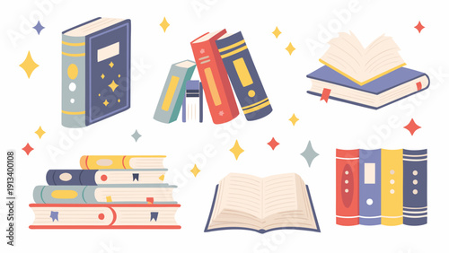 A colorful vector illustration of books and stars on a white background