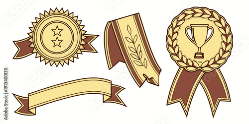 A set of gold and brown award ribbons and badges for recognition