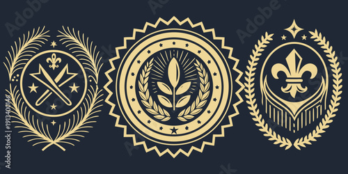 A set of three gold vector emblems with laurel wreaths and fleur de lis on a dark blue background