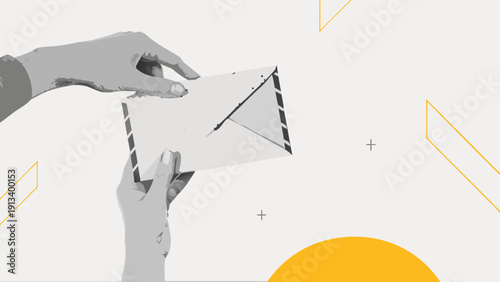A vector graphic illustration of hands holding an envelope with a modern design