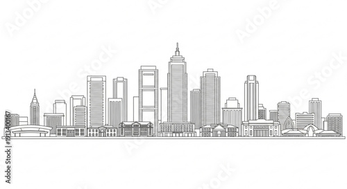 A minimalist line art illustration of a city skyline with skyscrapers