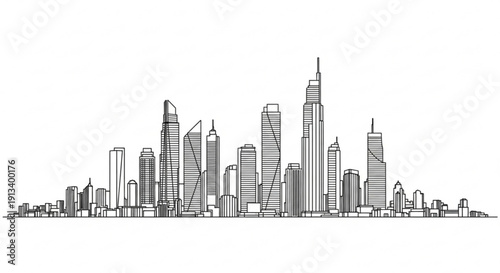 A minimalist black and white vector illustration of a modern city skyline