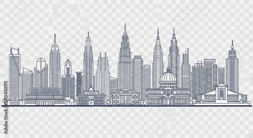 A minimalist line art illustration of a city skyline with a transparent background