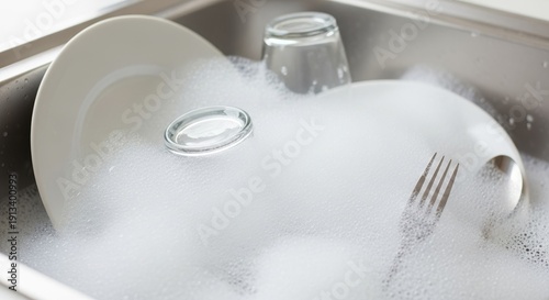 Dishes soaking in soapy foam in a kitchen sink. White plates, glasses and cutlery covered in bubbles. Household cleaning chore concept