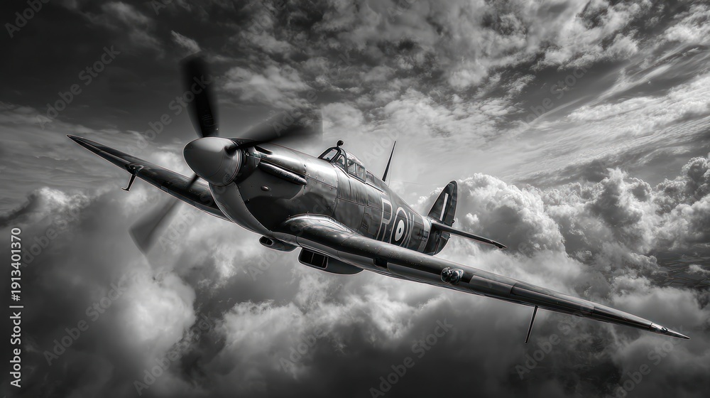 Naklejka premium Classic warplane soars through a dynamic cloudy sky, rendered in dramatic grayscale tones