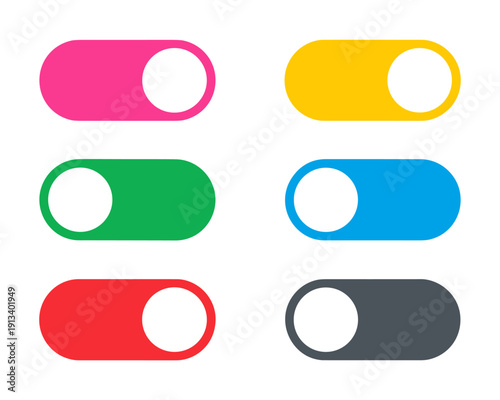 Set of six colorful toggle switches arranged in two columns, each with a circular white slider inside a rounded rectangular track, flat vector UI controls in bright vibrant colors