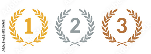 Three laurel wreath emblems displaying first, second, and third place numerals in gold, silver, and bronze tones, aligned to symbolize ranking, podium positions and achievement.