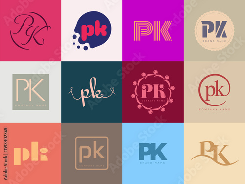 PK logo company template. Letter p and k logotype. Set different classic serif lettering and modern bold text with design elements. Initial font typography.