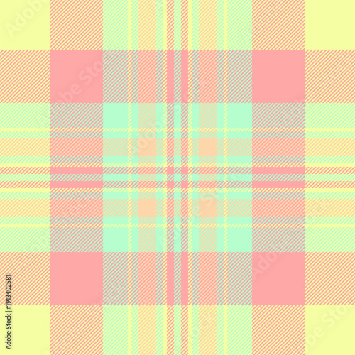Package seamless fabric textile, window check plaid texture. Pastel background tartan vector pattern in lime and red colors.