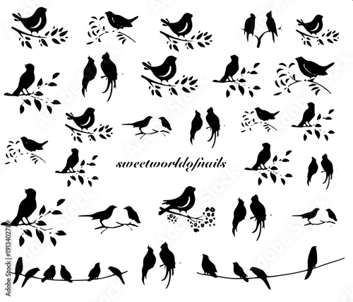 "Black bird silhouettes in mid-air, flock flying diagonally upward, solid fill shapes, no outline details, minimalist vector art, isolated on white background"