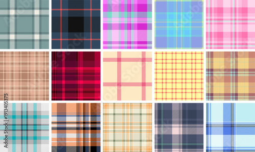 Plaid collection for writing pads. Coordinated tartan repeats bring consistency to school and office materials. Seamless vectors stay precise.