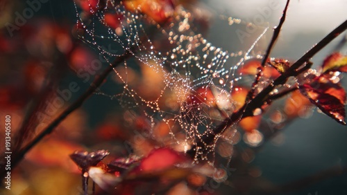 Dew-Kissed Spiderweb Among Autumn Leaves