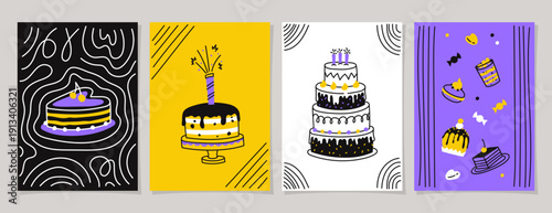 Set of greeting cards, invitations, labels, posters and covers. Birthday. Vector linear hand drawn illustration