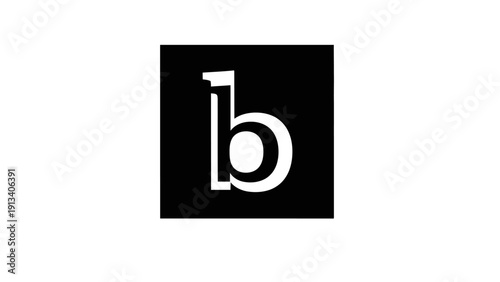 Modern black square with white stylized letter 'b' incorporating number '1'. Abstract geometric typography symbol, minimal graphic design.