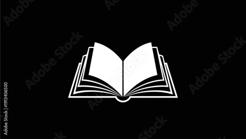 Minimalist Open Book Icon Vector Graphic on Black Background. Symbol for Education, Knowledge, Reading, Study, and Learning Design Element.