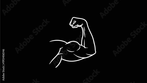 Flexing muscular arm bicep in white outline on a stark black background, symbolizing strength, power, fitness, and determination.