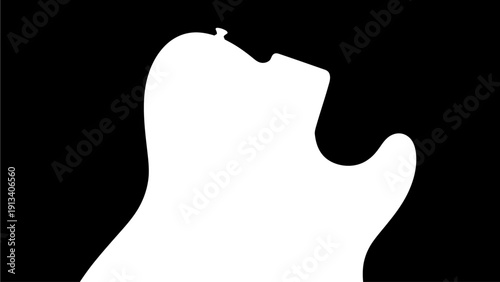 High contrast white electric guitar silhouette on black background. Modern graphic design element for music, rock, and sound.