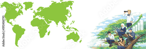 Diverse Gen Z innovators developing long-term strategies in a dynamic office, with a thought leader guiding and a visible rising growth chart symbol.